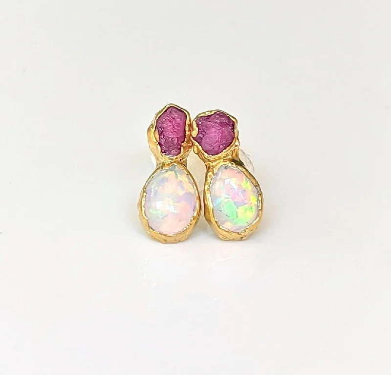 Stud Earrings for Formal Attire -Raw Ruby and Opal stud earrings