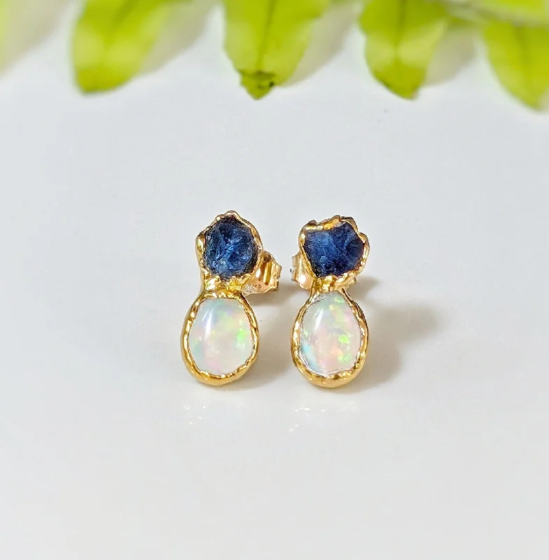 Push Back Stud Earrings for Convenience -Raw Sapphire and Opal stud earrings