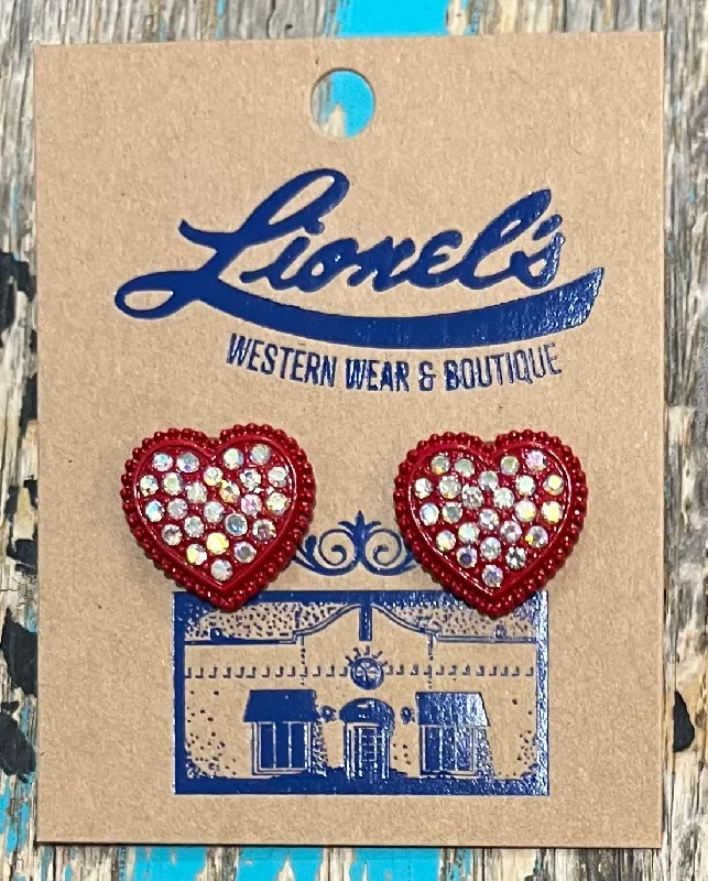 Stud Earrings with Rhinestones -Red w/ Crystals Heart Stud Earrings