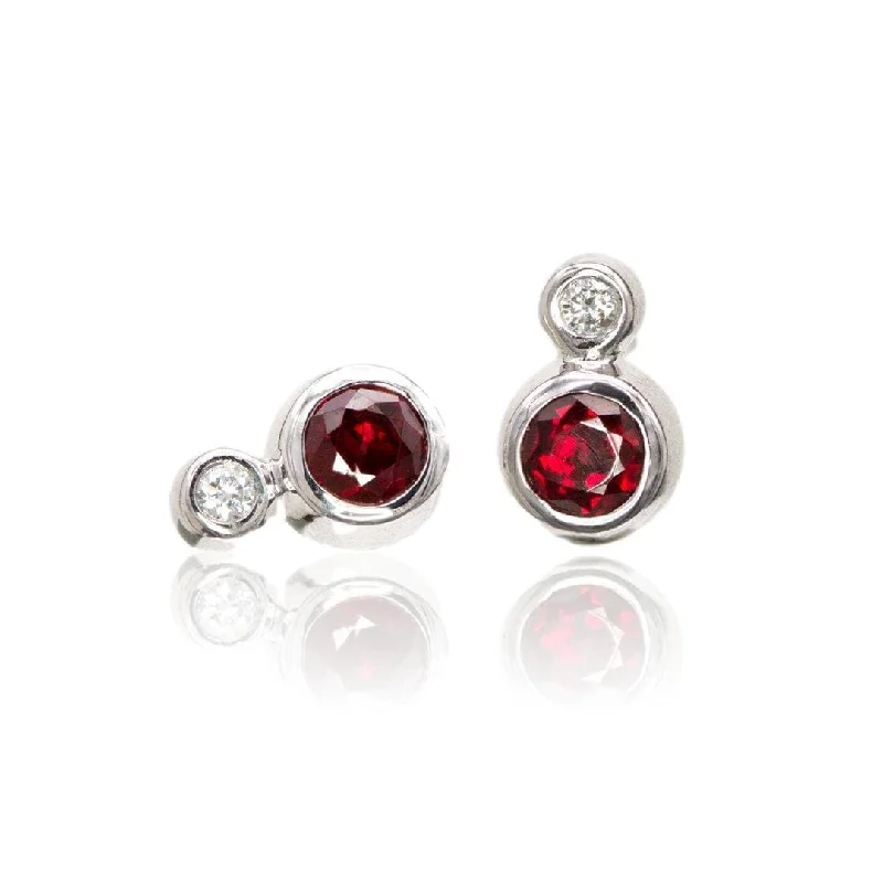 Vintage Stud Earrings with Patina -Ruby and Diamond Cluster Bezel Set Stud Earrings