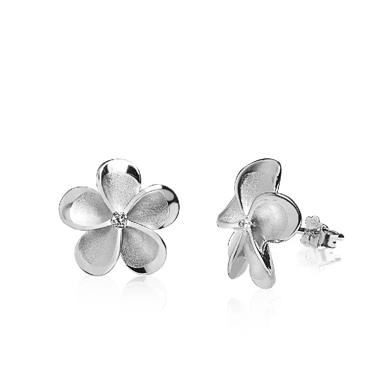 Nickel Free Stud Earrings for Safety -Silver Diamond Center Plumeria Stud Earrings