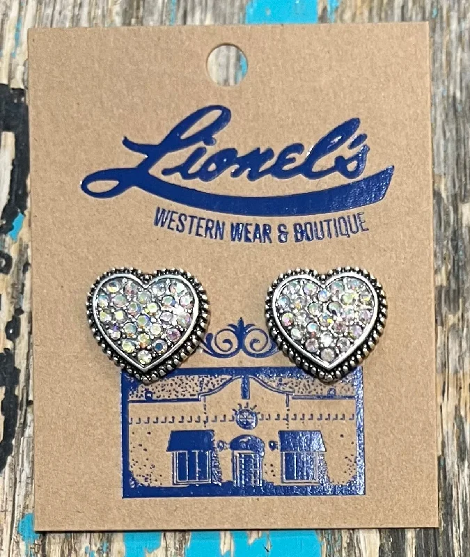 Multi Stud Earrings with Chains -Silver w/ Crystals Heart Stud Earrings