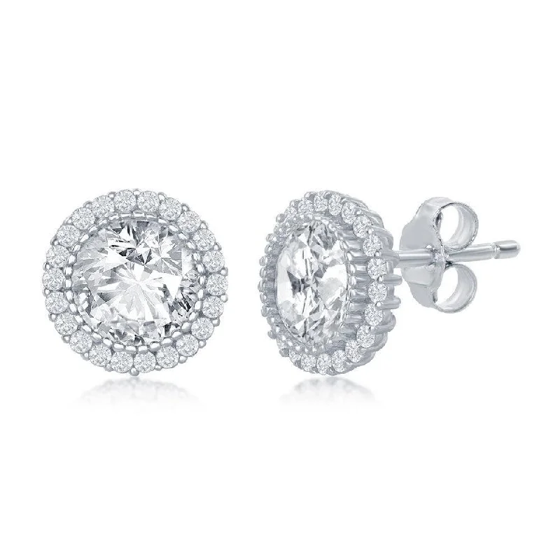 Stud Earrings with Matte Finish -Sterling Silver 10mm Round CZ Halo Stud Earrings