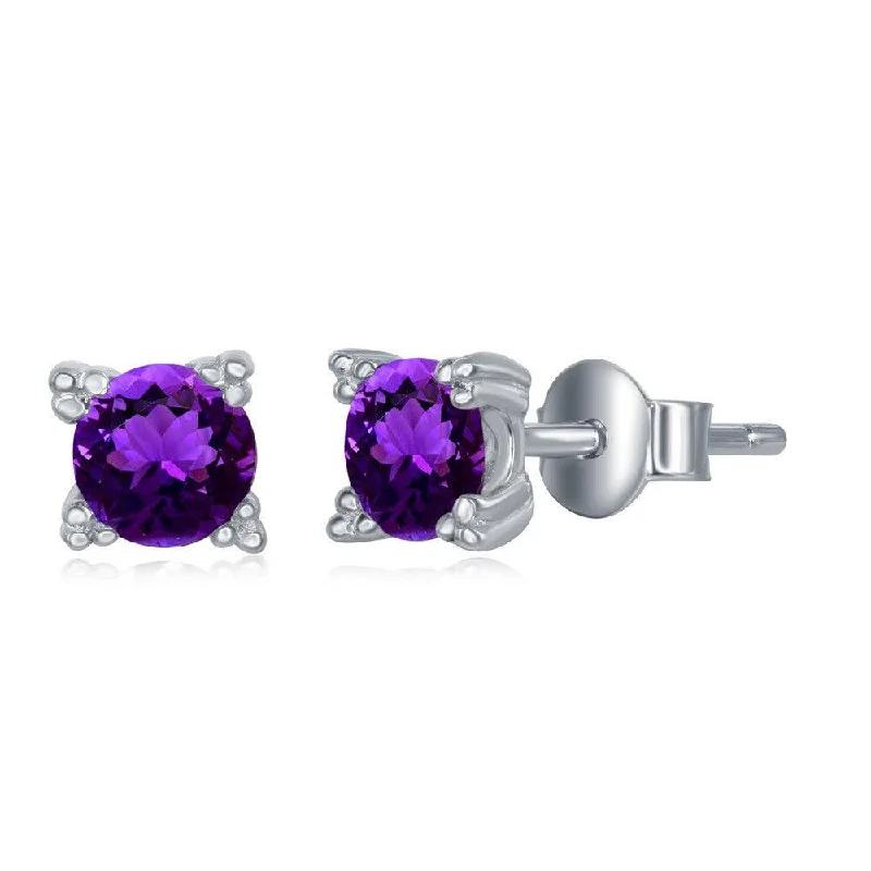 Punk Stud Earrings with Spikes -Sterling Silver 5mm Purple Amethyst Stud Earrings