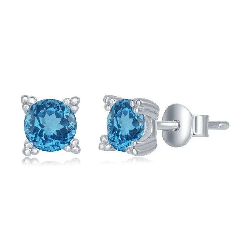 Stud Earrings with Crown Designs -Sterling Silver 5mm Round Blue Topaz Stud Earrings