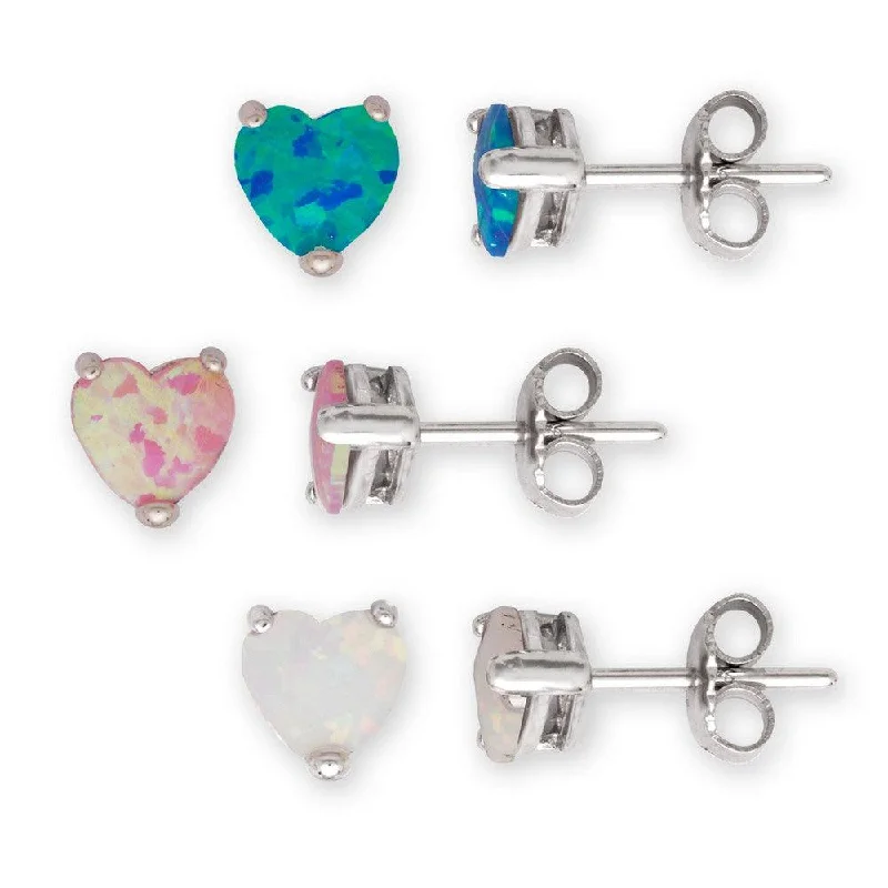 Indian Stud Earrings with Intricacy -Sterling Silver 6mm White; Pink; and Blue Opal Set of 3 Heart Stud Earrings