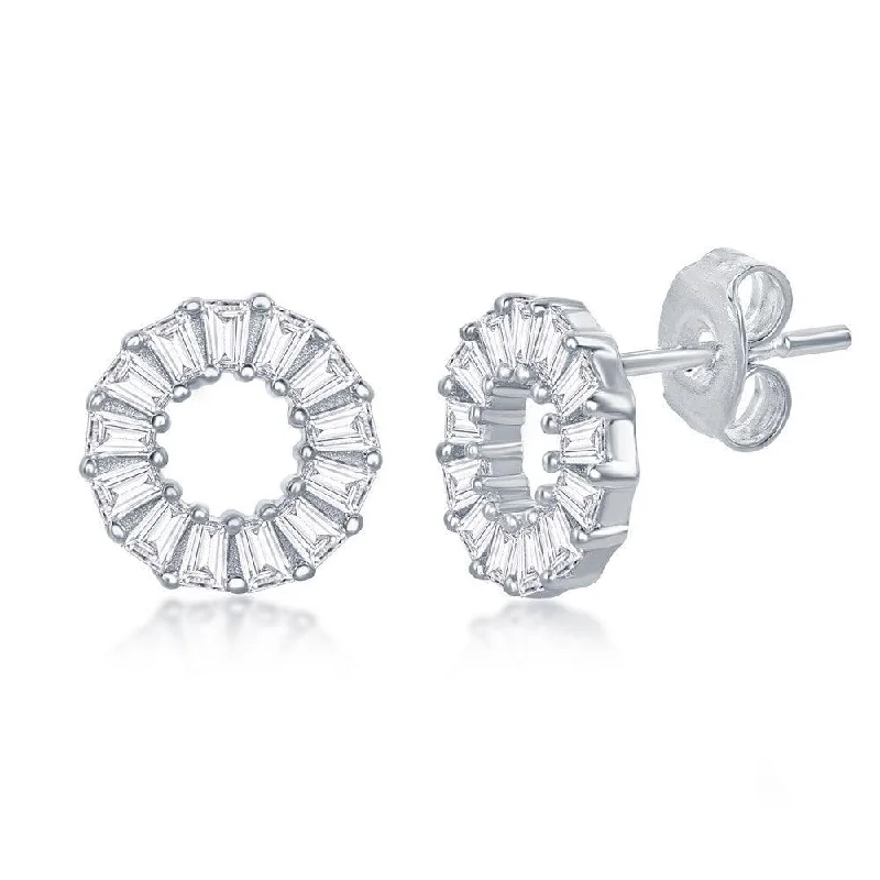 Stud Earrings for Engagement Party -Sterling Silver Baguette CZ Circle Stud Earrings