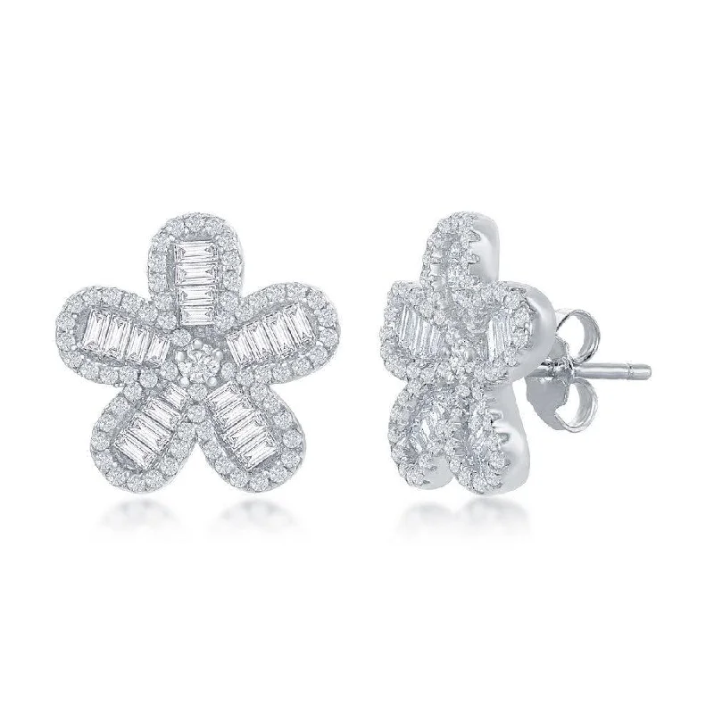 Stud Earrings for Everyday Glamour -Sterling Silver Baguette CZ Flower Stud Earrings