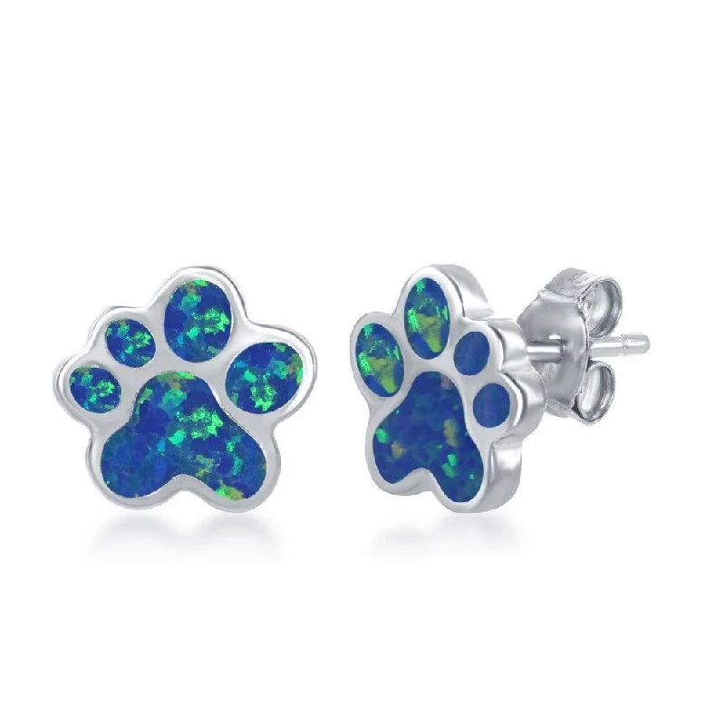 Stud Earrings for Fitness Activities -Sterling Silver Blue Inlay Opal Paw Stud Earrings