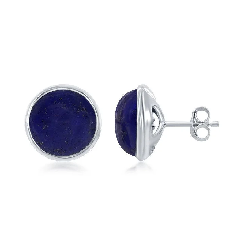 Stud Earrings with Floral Motifs -Sterling Silver Blue Lapis Bezel Set Stud Earrings