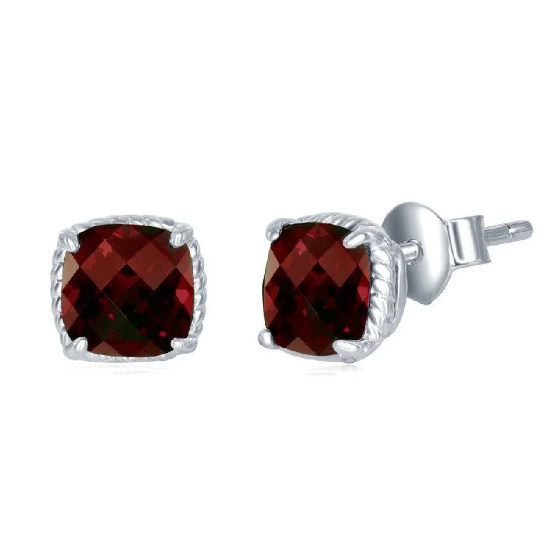 Stud Earrings with Star Motifs -Sterling Silver Cushion Cut Garnet Stud Earrings