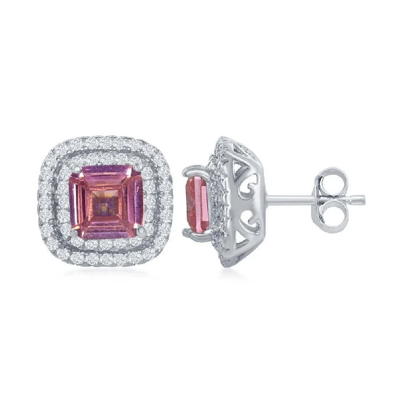 Stud Earrings with Symbolic Elements -Sterling Silver Double Border Pink CZ Stud Earrings