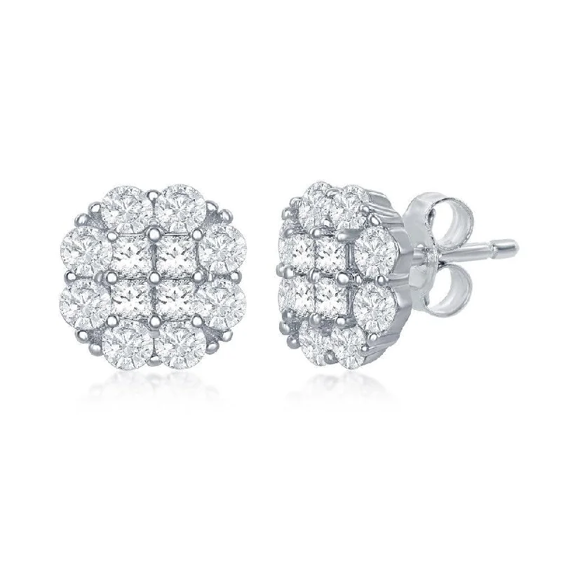 Stud Earrings with Polished Shine -Sterling Silver Flower Design CZ Stud Earrings