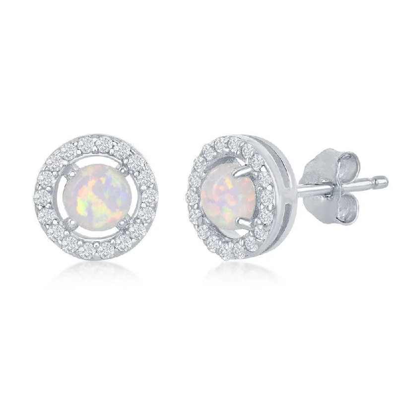 Stud Earrings with Embossed Patterns -Sterling Silver Four Prong Halo Round Stud Earrings