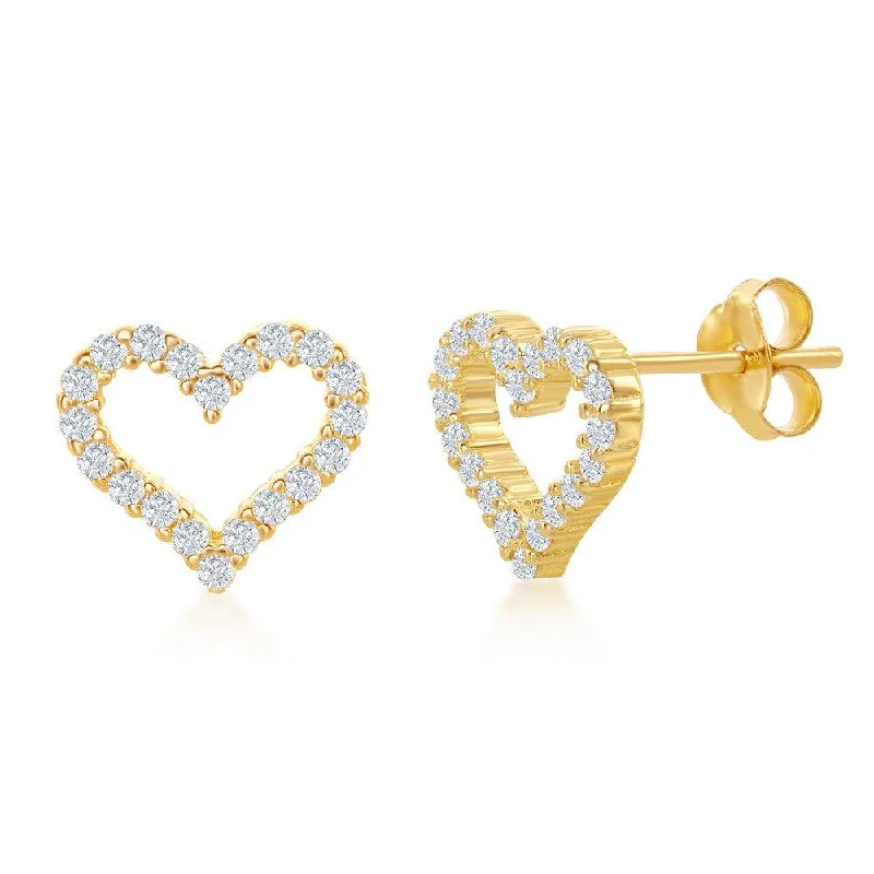 Stud Earrings for Travel Look -Sterling Silver Gold Plated Open Heart CZ Stud Earrings