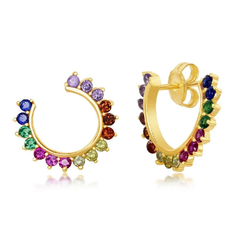 Stud Earrings for Valentine's Day -Sterling Silver Gold Plated Open Hoop Rainbow CZ Stud Earrings