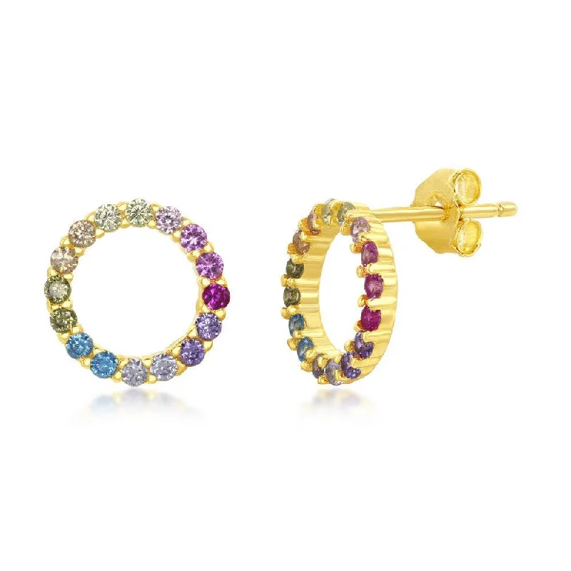 Stud Earrings for Graduation Day -Sterling Silver Gold Plated Rainbow CZ Circle Stud Earrings