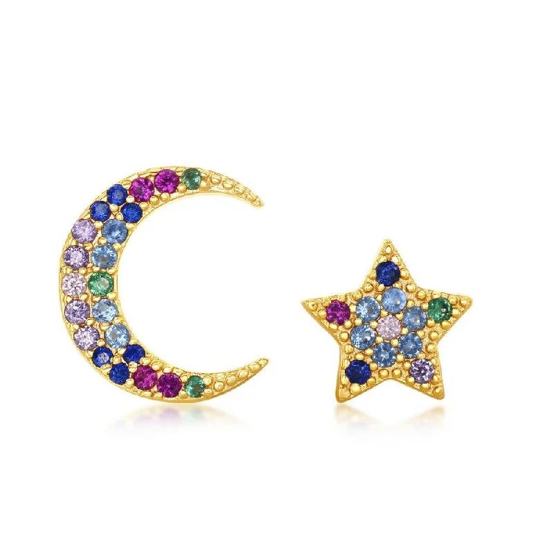 Stud Earrings for Mother's Day -Sterling Silver GP Crescent Moon and Star Stud Earrings