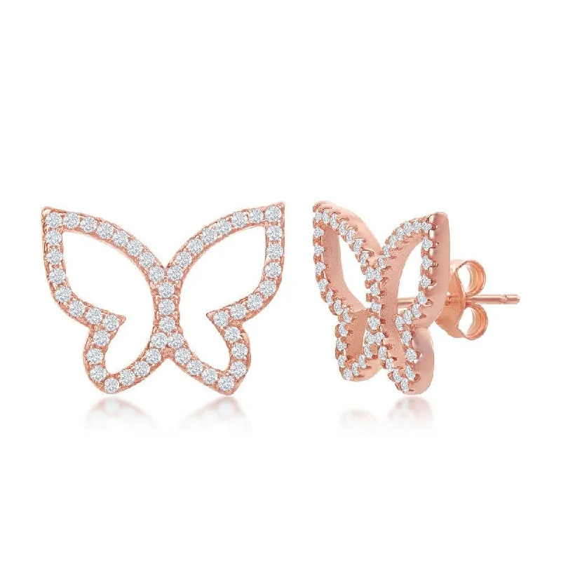 Geometric Stud Earrings for Trend -Sterling Silver Open Butterfly CZ Stud Earrings - Rose Gold Plated