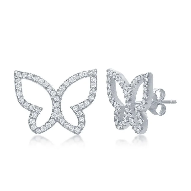 Stud Earrings with Etching -Sterling Silver Open Butterfly CZ Stud Earrings