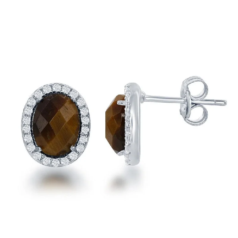 Crystal Stud Earrings for Sparkle -Sterling Silver Oval Brown Tiger Eye Stud Earrings