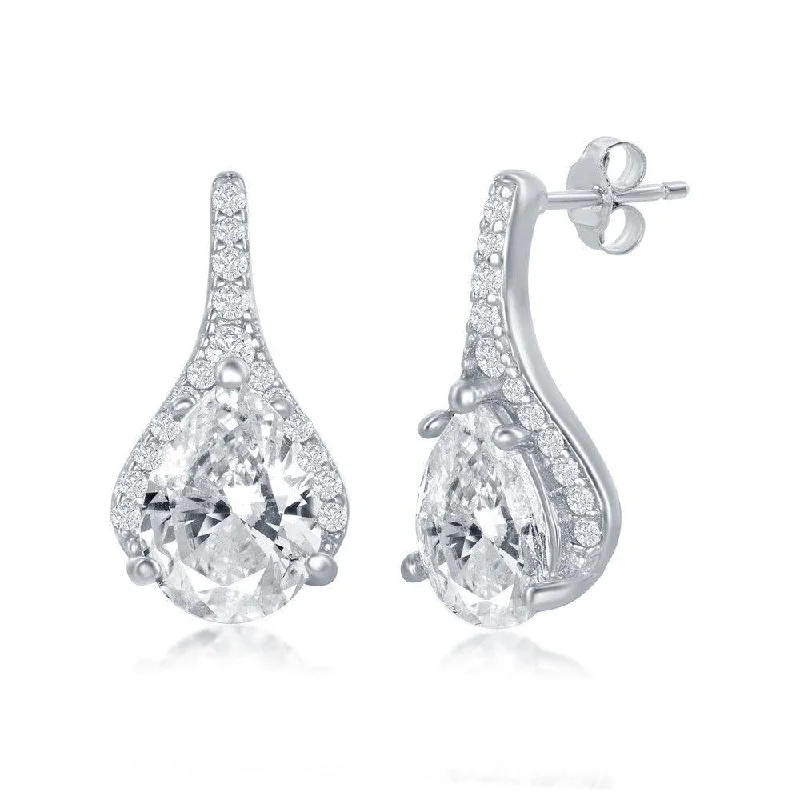 Stud Earrings with Textured Surface -Sterling Silver Pear Shaped CZ Stud Earrings