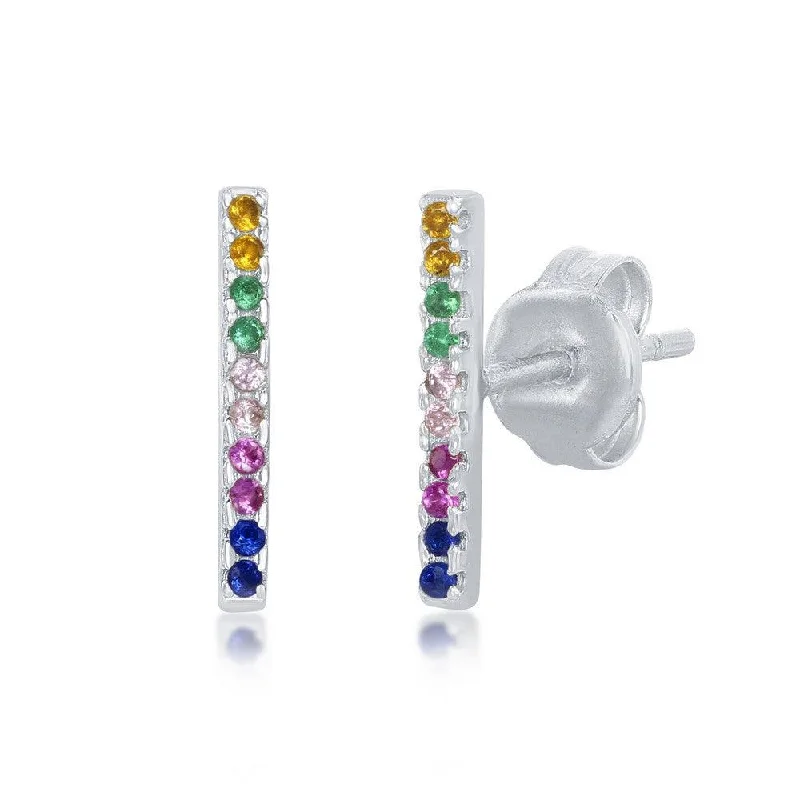 Stud Earrings for Anniversary -Sterling Silver Rainbow CZ Bar Stud Earrings