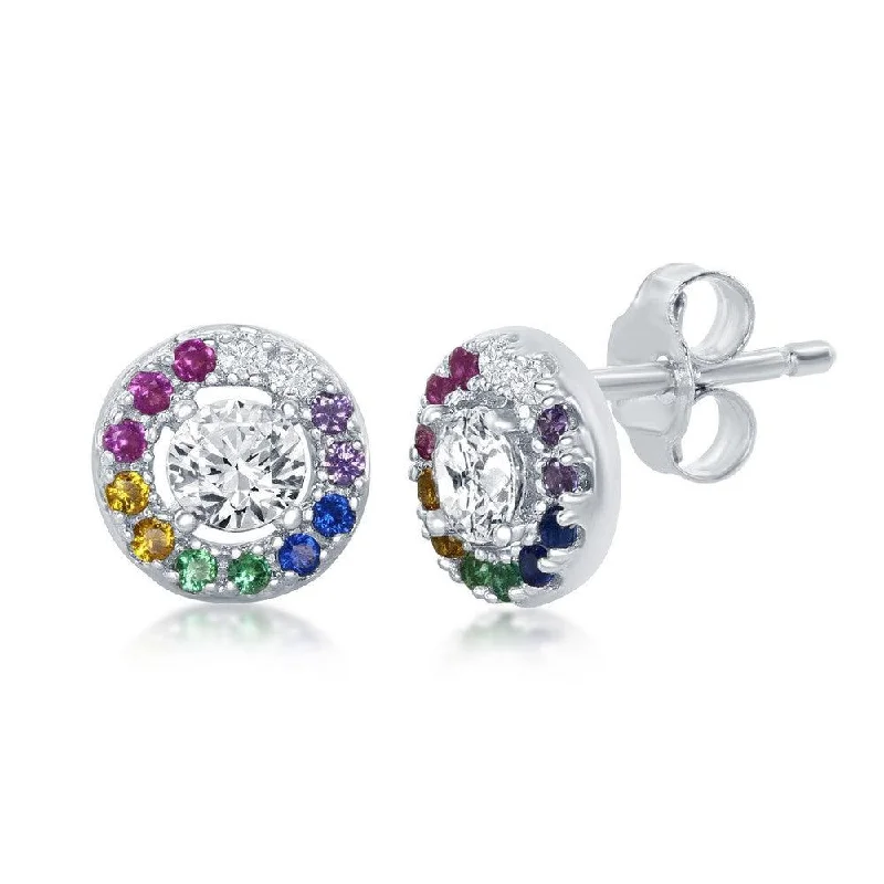 Stud Earrings for Party Look -Sterling Silver Rainbow CZ Round Stud Earrings