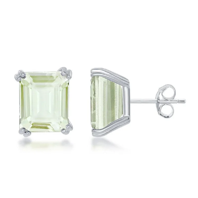 Hippie Stud Earrings with Beads -Sterling Silver Rectangle Green Amethyst Prong Set Stud Earrings