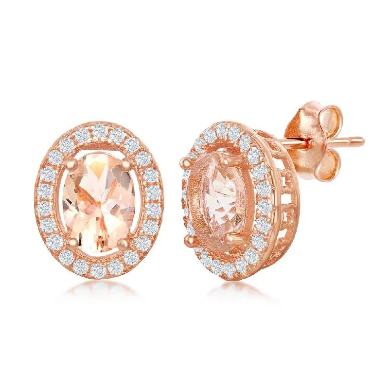 Stud Earrings for Evening Gown -Sterling Silver Rose Gold Plated Oval Morganite CZ Stud Earrings