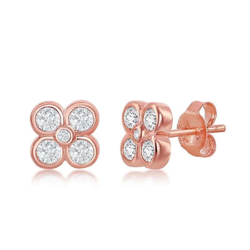 Stud Earrings for Concert Look -Sterling Silver Rose GP Small Flower CZ Stud Earrings