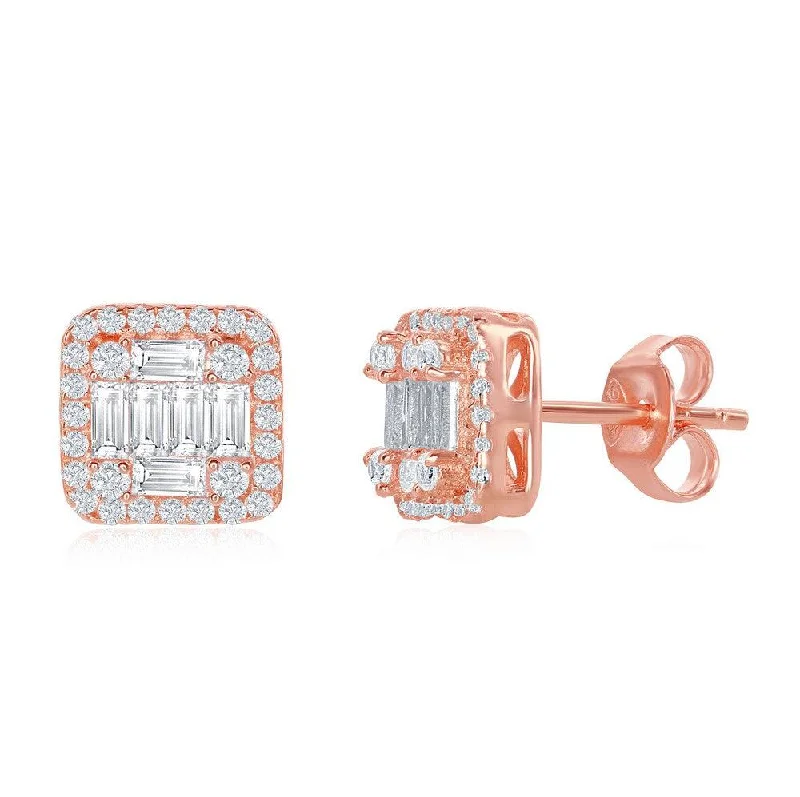 Square Stud Earrings for Modern -Sterling Silver Rose GP Square Baguette CZ Stud Earrings