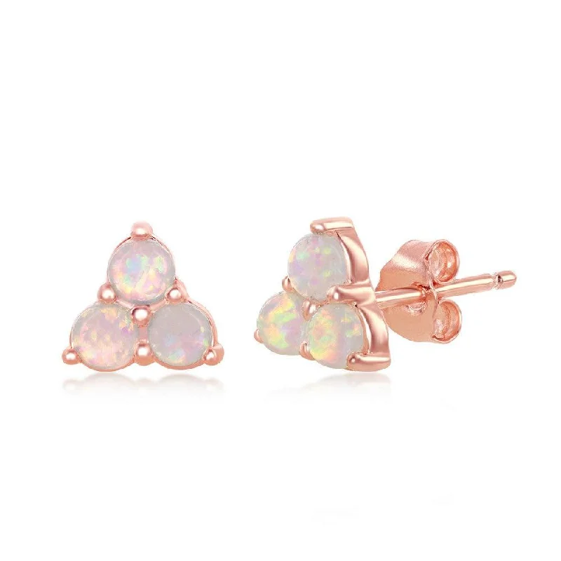 Stud Earrings for Bridesmaids Look -Sterling Silver Rose GP Triple White Opal Cluster Stud Earrings