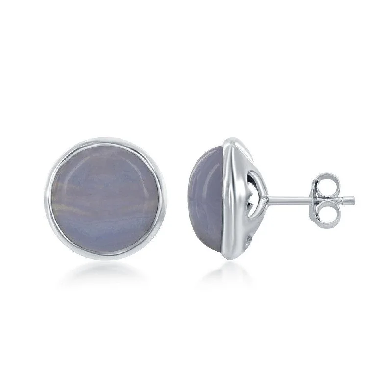 Maximalist Stud Earrings for Bling -Sterling Silver Round Blue Lace Agate Bezel Set Stud Earrings