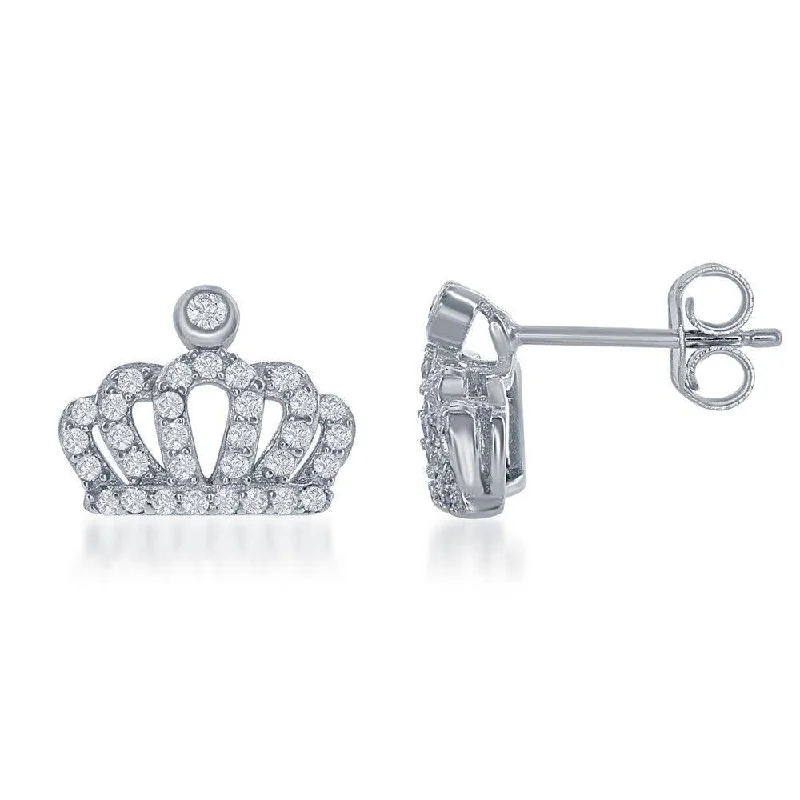 Stud Earrings with Leaf Motifs -Sterling Silver Small CZ Crown Stud Earrings