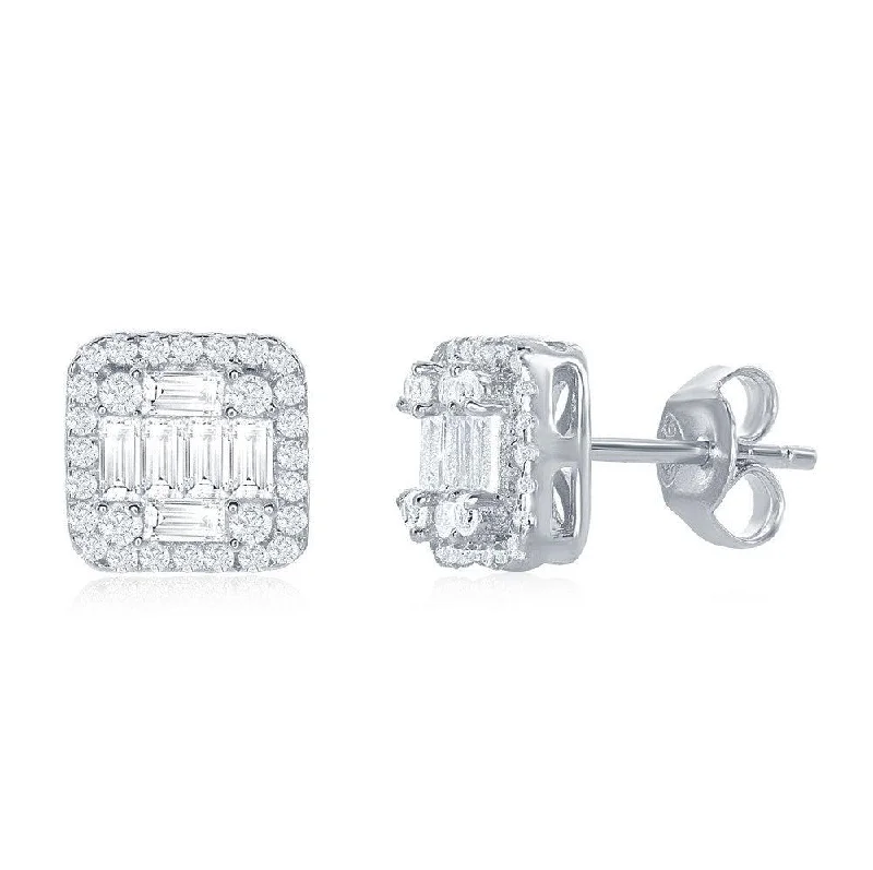 Stud Earrings with Abstract Designs -Sterling Silver Square Baguette CZ Stud Earrings