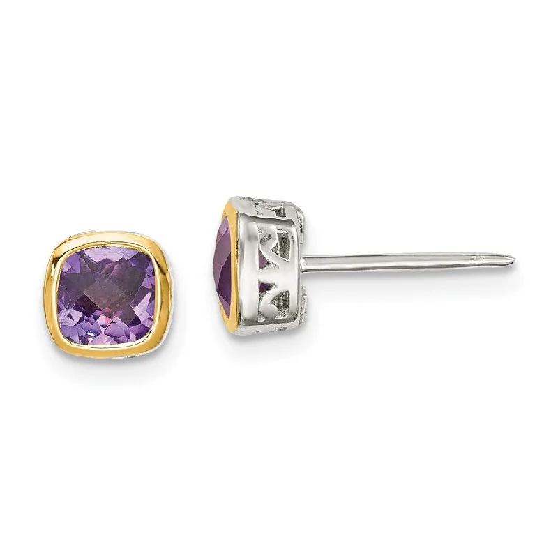 Screw Back Stud Earrings for Security -Sterling Silver w/ 14K Accent Amethyst Square Stud Earrings