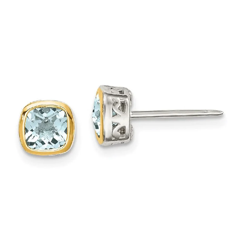 Stud Earrings for Beach Outfit -Sterling Silver w/ 14K Accent Aquamarine Square Stud Earrings