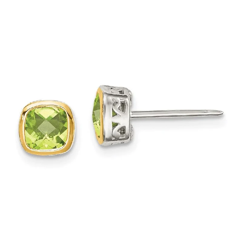 Stud Earrings for Office Wear -Sterling Silver w/ 14K Accent Peridot Square Stud Earrings