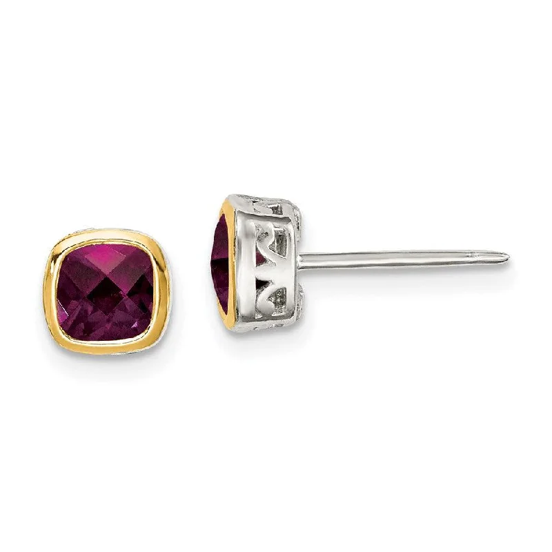 Stud Earrings for Festival Style -Sterling Silver w/ 14K Accent Rhodolite Garnet Square Stud Earrings