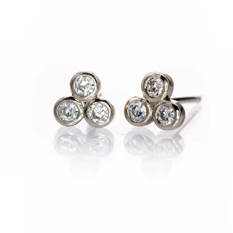 Nickel Free Stud Earrings for Safety -Three Moissanite Trio Bezel Cluster Stud Earrings