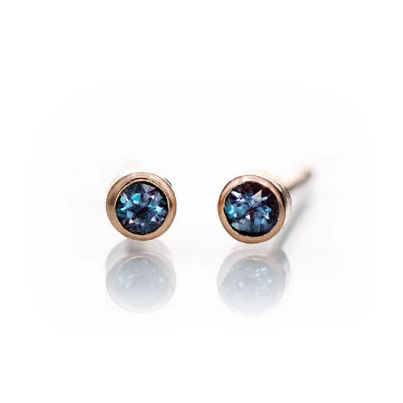 Crystal Stud Earrings for Sparkle -Tiny Alexandrite Bezel Set 14k Gold or Platinum Stud Earrings