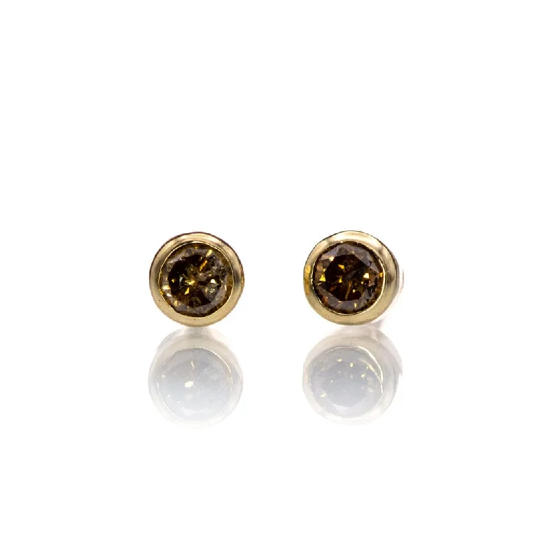 Vintage Stud Earrings with Patina -Tiny Cognac Colored Diamond Bezel Set Stud Earrings