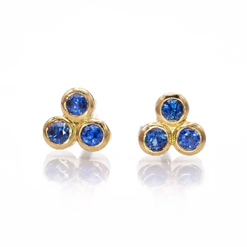 Stud Earrings with Wave Designs -Blue Sapphire Trio Bezel Cluster Stud Earrings