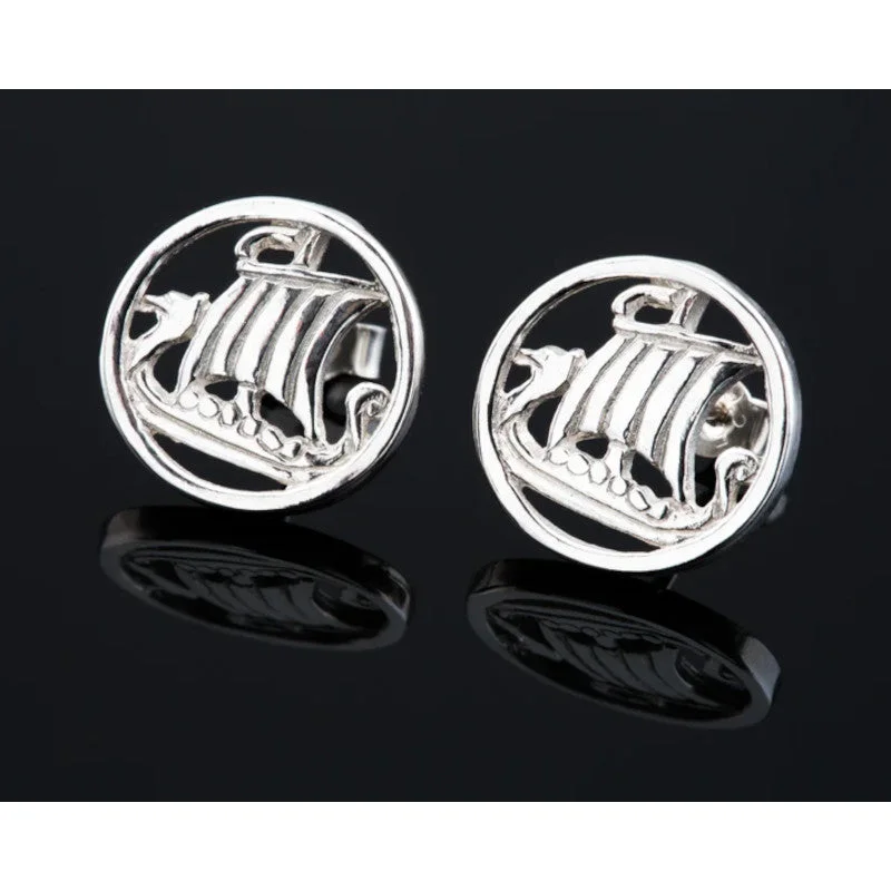 Stud Earrings for Work Attire -Viking Ship Sterling Silver or 9ct Yellow Gold Stud Earrings - E99S