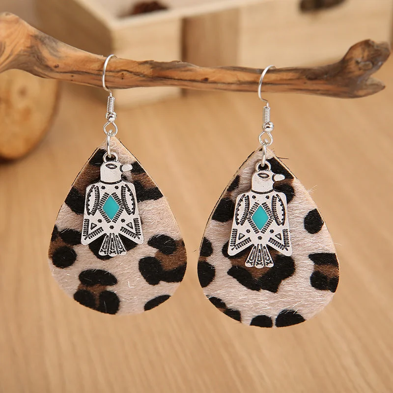 Wholesale Vintage Western Style Leopard Print Eagle Leather Plush Leather Earrings