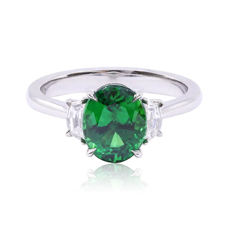 Rings with starburst topaz for radiant beauty -PLATINUM OVAL TSAVORITE GARNET AND DIAMOND THREE-STONE RING