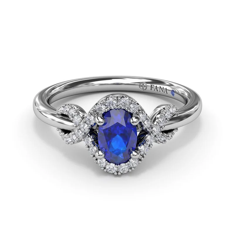 Rings with knot motifs for symbolic love -14K WHITE GOLD SAPPHIRE DIAMOND OVAL FASHION RING - SZ 6.5