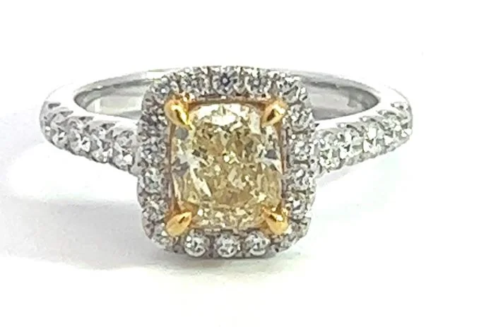 Rings with engraved constellations for stargazers -18TT 1.38ct Cushion Fancy Yellow Diamond Halo Engagement Ring sz 7