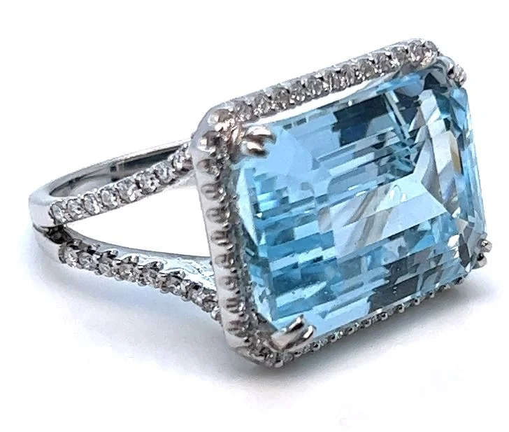 Rings with coral stones for vibrant pop -18W 20.50ct Emerald Cut Blue Topaz and Halo Diamond Ring sz 6